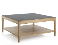 Table basse carrée en chêne et céramique avec tablette en bois teinte naturelle plateau céramique effet ardoise 100x100 cm