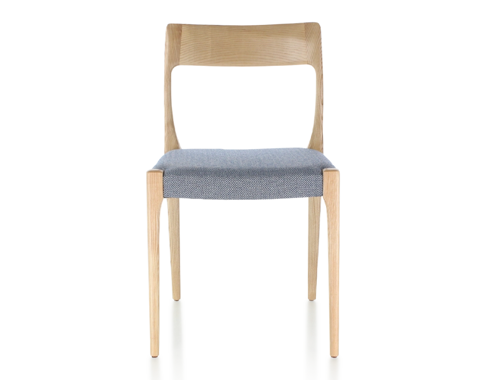 Silla escandinava madera tinte natural asiento tejido chevron azul