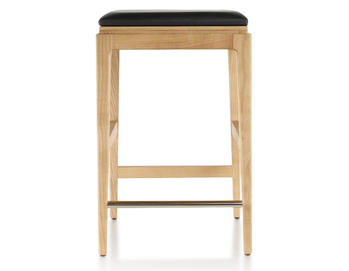 H60 cm designer bar stool natural tint wood, ebony leather seat