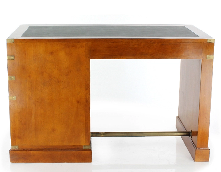 Bureau marine 5 tiroirs bois teinte merisier et cuir vert