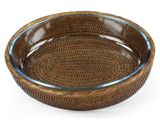 Plat pyrex ovale avec support en rotin brun très grand modèle