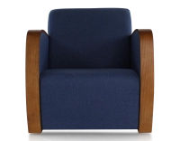 Fauteuil design bois teinte merisier et tissu bleu marine