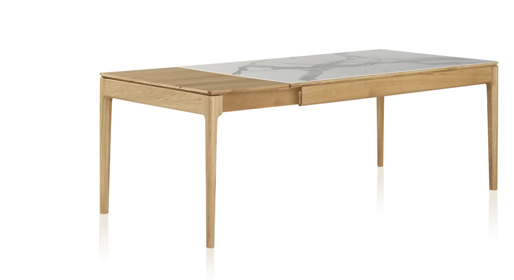 Extendable table for 8 to 14 people in oak and ceramic with wooden extensions with natural stained wood and white marble effect ceramic top 210x100 cm