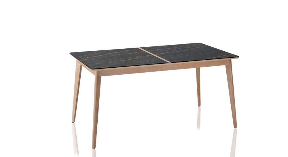 Mesa extensible de 8 a 12 personas de roble y cerámica con extensiones de madera con madera de tinte natural y tablero cerámico efecto mármol negro 180x100 cm