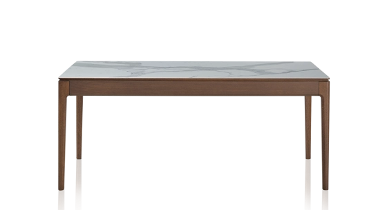 Table salle à manger en chêne et céramique 8 personnes avec bois teinte marron foncé et plateau céramique effet marbre blanc 180x100 cm