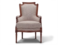 Louis XVI style bergère armchair bois teinte ancienne et tissu chiné beige, gris et orange