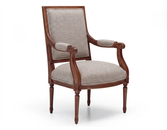 Fauteuil ancien style Louis XVI bois teinte ancienne et tissu chiné beige, gris et orange