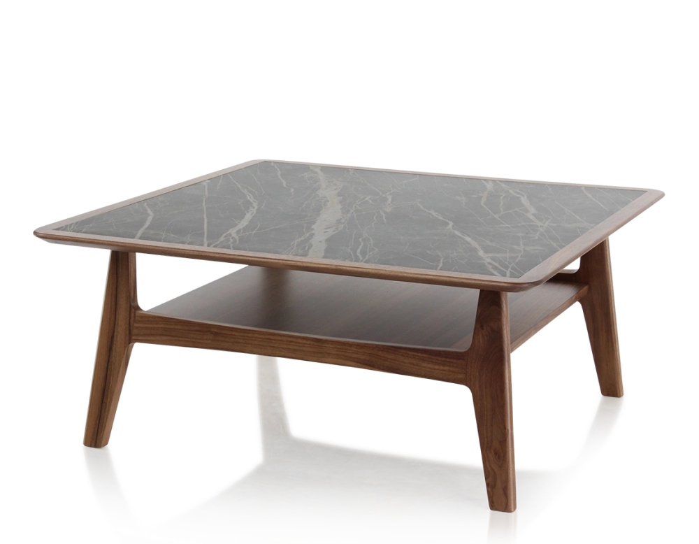 Table basse carré en noyer et céramique bois teinte naturelle plateau céramique effet marbre noir 100x100 cm