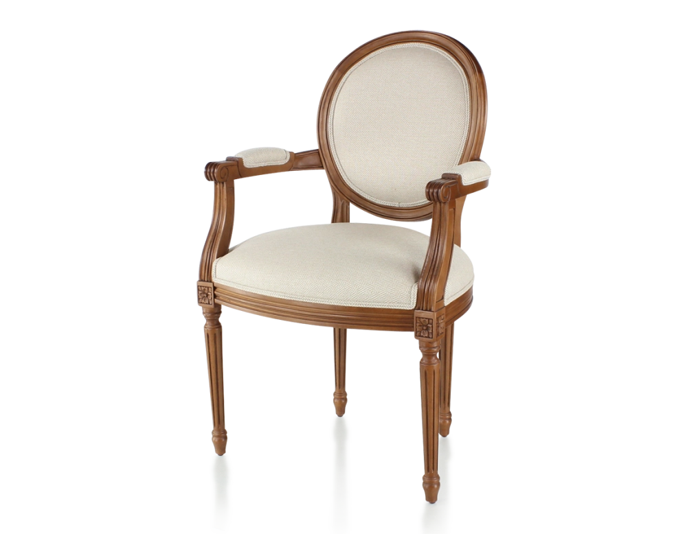 Antique Louis XVI style armchair with armrests wood stained in antique style and beige chevron fabric