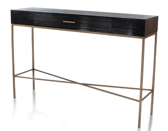 Console design frêne laqué noir et métal patine laiton 100 cm
