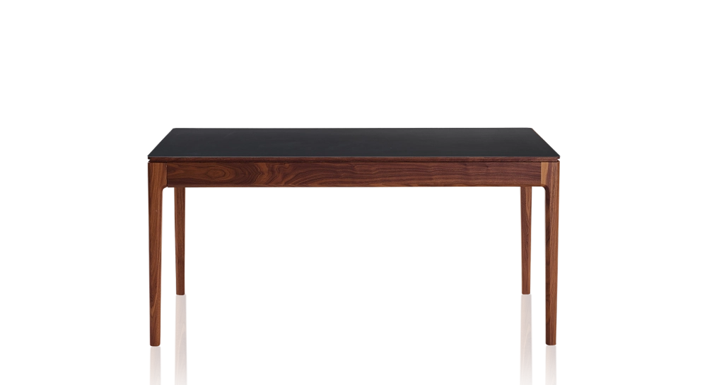 Table extensible 8 à 12 personnes en noyer et céramique allonges céramique avec bois teinte naturelle et plateau et allonges céramique noire unie 180x100 cm