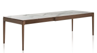 Table extensible en chêne et céramique 6 à 10 personnes allonges céramique avec bois teinte marron foncé et plateau et allonges céramique effet marbre blanc 140x90 cm