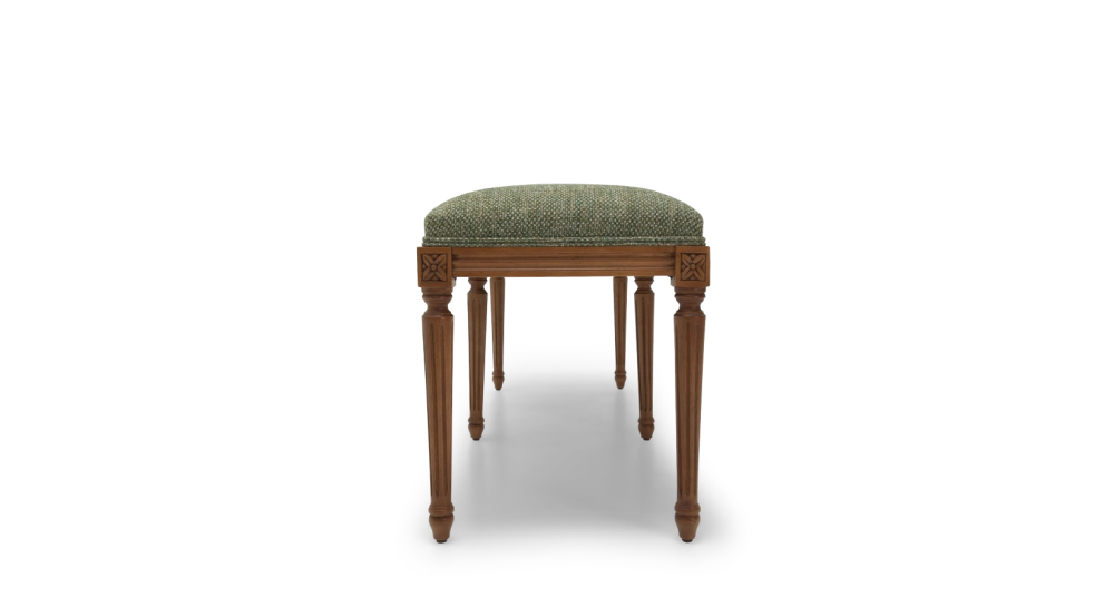 Louis XVI style antique bench wood antique stain and green mottled fabric.