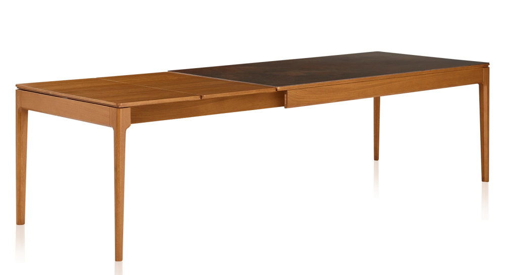Table extensible 6 à 10 personnes en chêne et céramique allonges bois avec bois teinte merisier et plateau céramique brun oxydé 140x90 cm