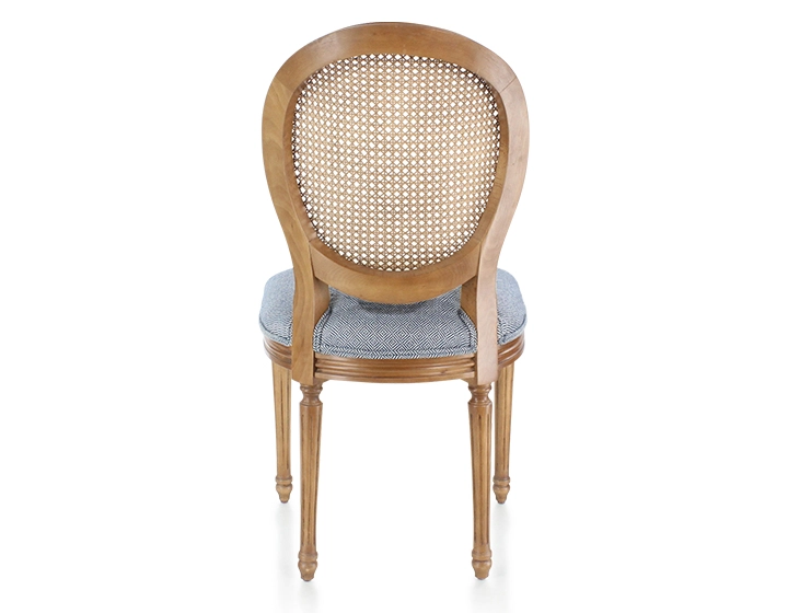 Chaise ancienne style Louis XVI bois teinte ancienne dossier canné assise tissu chevron bleu