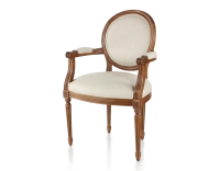 Antique Louis XVI style armchair with armrests wood stained in antique style and beige chevron fabric
