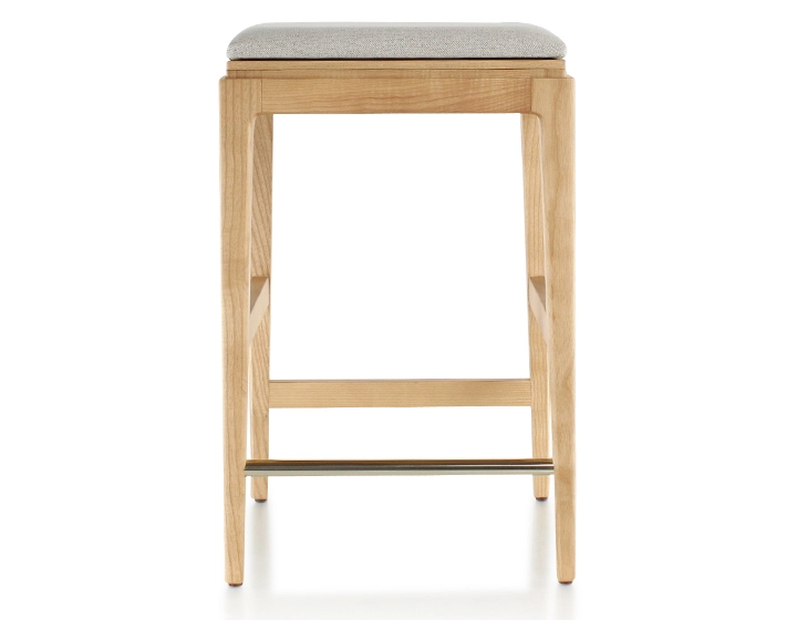 H60 cm designer bar stool natural stained wood seat natural beige fabric