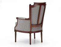 Fauteuil bergère style Louis XVI bois teinte ancienne et tissu pied de poule blanc et taupe