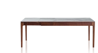 Table extensible en noyer et céramique 6 à 10 personnes allonges céramique avec bois teinte naturelle et plateau et allonges céramique effet marbre blanc 140x90 cm