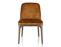 Designer chair dark brown stained wood and bronze velvet fabric