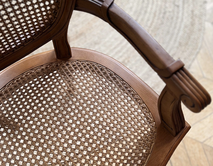 Antique Louis XVI style armchair with armrests wood stained antique seat and back caned