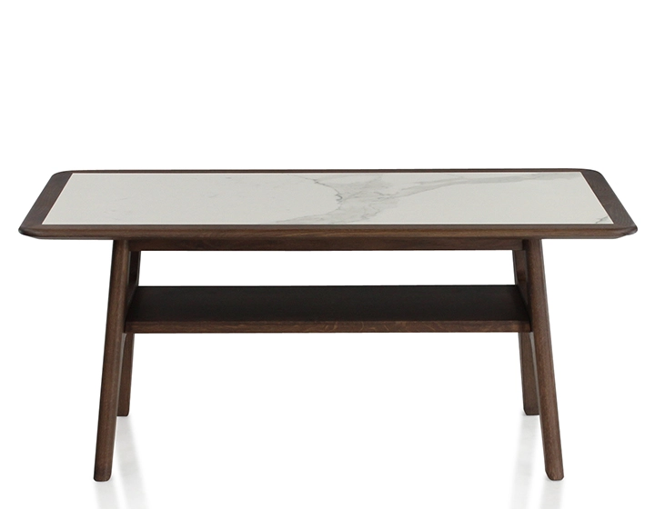 Rectangular coffee table in oak and ceramic with dark brown stained wood white marble effect ceramic top 100x50 cm