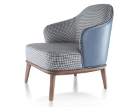 Fauteuil design cuir bleu orage et tissu pied-de-poule bleu et blanc