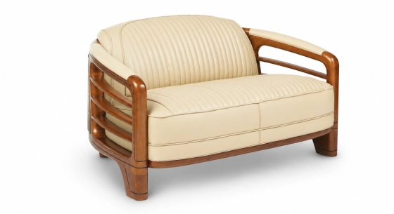 Canapé club bois et cuir 2 places beige
