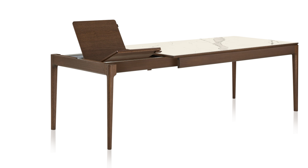Table extensible 6 à 10 personnes en chêne et céramique allonges bois avec bois teinte marron foncé et plateau céramique effet marbre blanc 140x90 cm