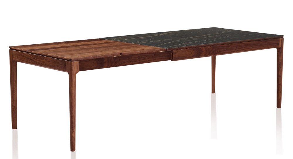 Table extensible 8 à 12 personnes en noyer et céramique allonges bois avec bois teinte naturelle et plateau céramique effet marbre noir 180x100 cm