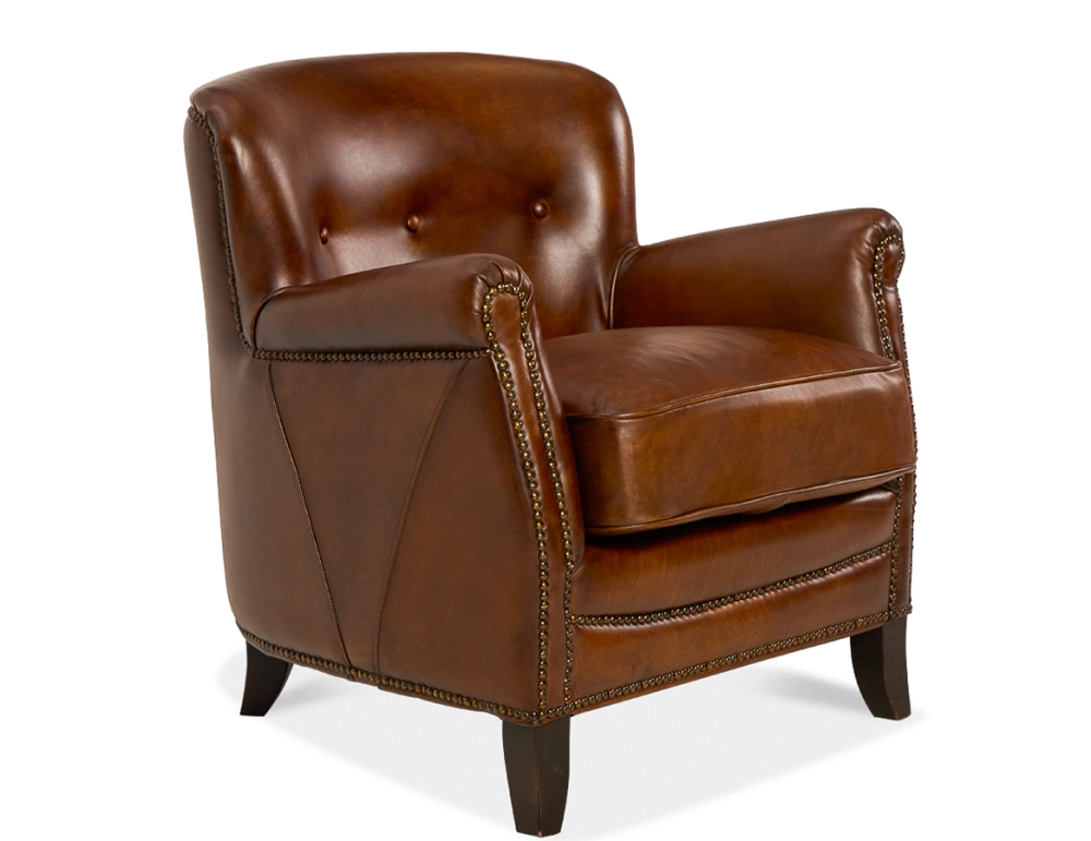 Fauteuil club cuir marron vintage accoudoirs cloutés
