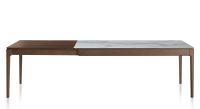 Table extensible 6 à 10 personnes en chêne et céramique allonges bois avec bois teinte marron foncé et plateau céramique effet marbre blanc 140x90 cm