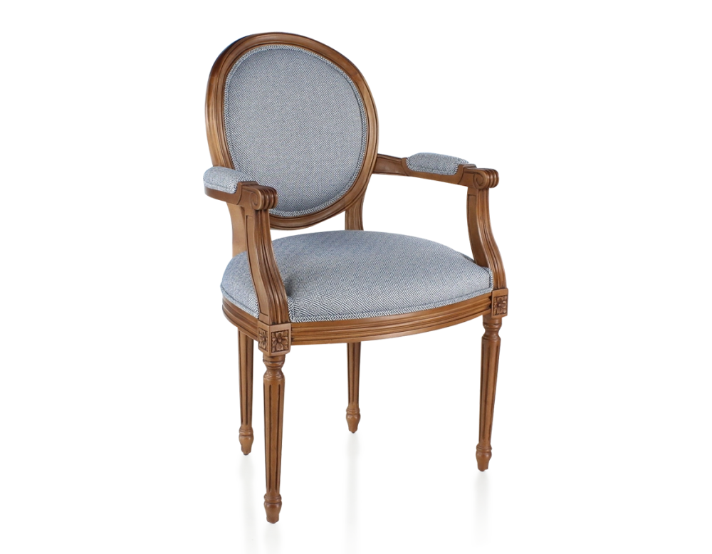 Antique Louis XVI style armchair with armrests aged wood stain and blue chevron fabric