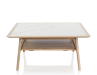 Table basse carrée en chêne et céramique avec bois teinte naturelle plateau céramique effet marbre blanc 100x100 cm