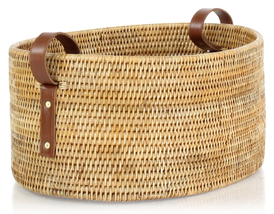Panier de rangement en rotin naturel anses en cuir moyen modèle
