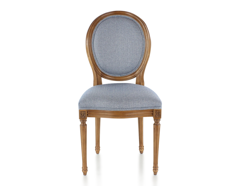 Chaise ancienne style Louis XVI bois teinte ancienne et tissu chevron bleu