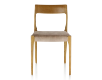 Chaise scandinave bois teinte merisier assise tissu velours taupe clair