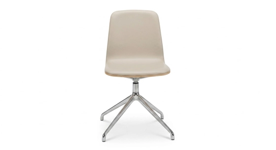 Chaise de bureau sans roulettes dossier bois teinte naturelle assise cuir gris clair