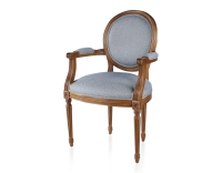Antique Louis XVI style armchair with armrests aged wood stain and blue chevron fabric