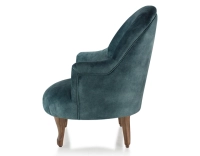 Fauteuil crapaud avec accoudoirs pieds bois teinte noyer et tissu velours bleu pétrole