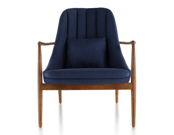 Fauteuil design bois teinte merisier et tissu bleu marine