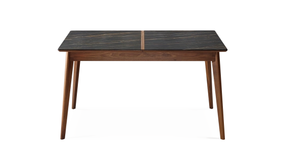 Table salle à manger 6 personnes en noyer et céramique avec bois teinte naturelle et plateau céramique effet marbre noir 140x90 cm