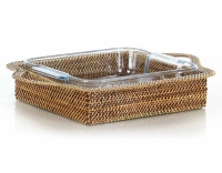 Plat pyrex carré avec support en fleur de rotin