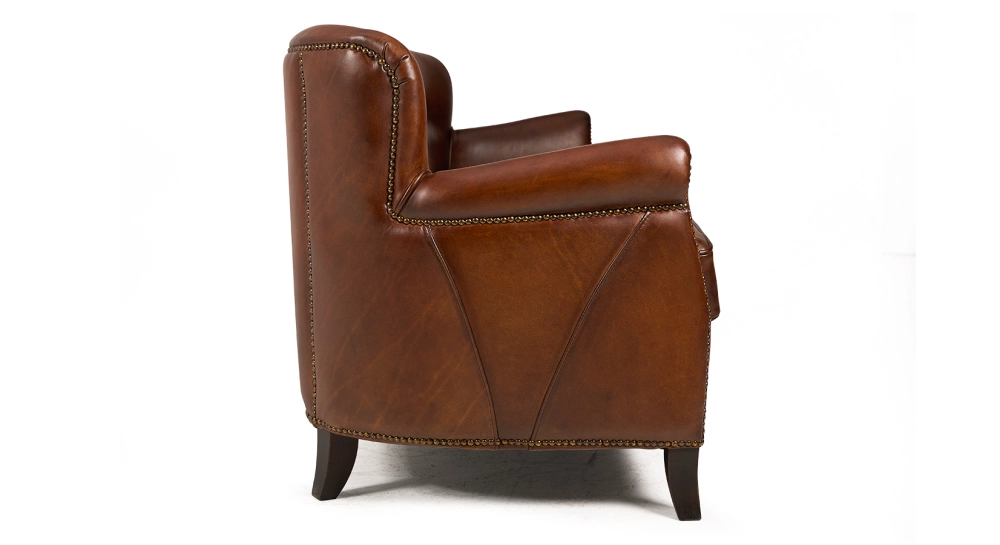 Canapé club cuir 3 places marron vintage accoudoirs cloutés