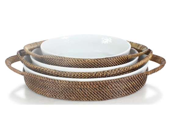 Plat porcelaine ovale avec support en fleur de rotin grand modèle
