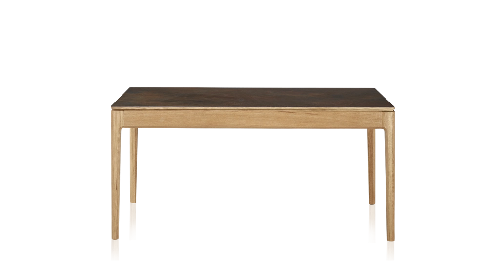 Extendable table for 6 to 10 people in oak and ceramic with wooden extensions with natural stained wood and oxidised brown ceramic top 140x90 cm