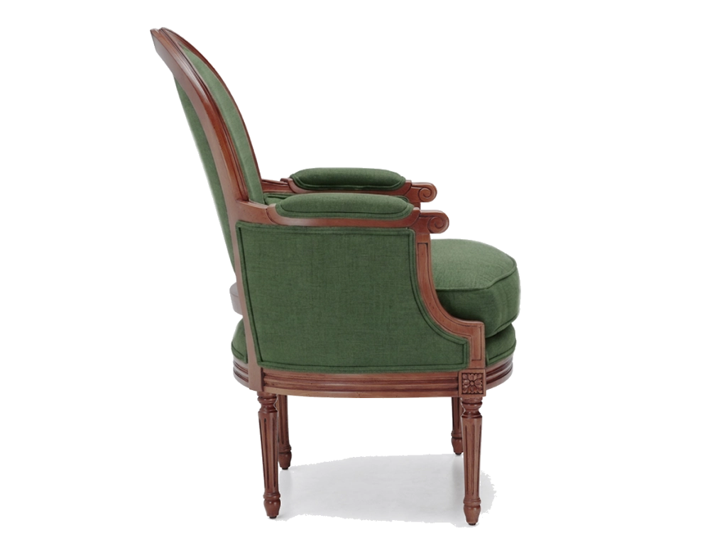 Sillón bergère moldurado estilo Luis XVI bois teinte ancienne et tissu vert foncé