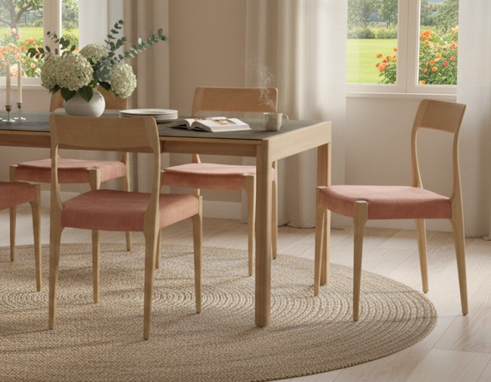 Chaise scandinave bois teinte naturelle assise tissu velours rose pâle