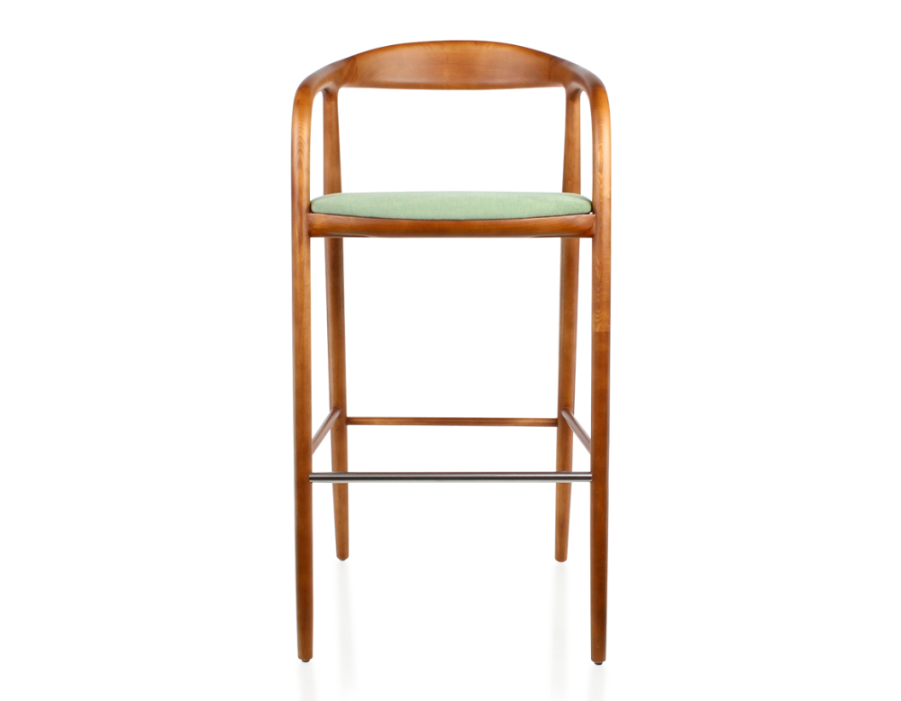 Tabouret de bar h80 cm teinte merisier assise tissu vert bois teinte merisier et tissu vert