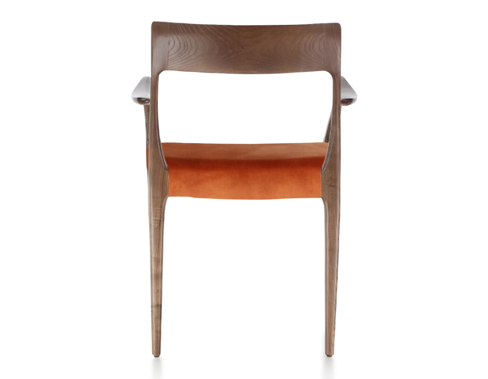 Chaise scandinave avec accoudoirs bois teinte marron foncé assise tissu velours terracotta